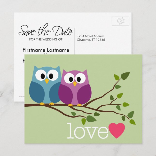 Save the Date mit Niedlichem Owl Couple Ankündigungspostkarte (Vorne/Hinten)