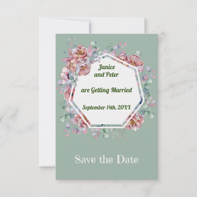 Save the Date mit Peach & Green Floral Framing (Vorderseite)