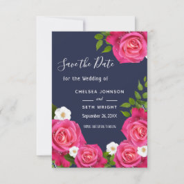 Save the Date Mitternacht Blue & Pink Roses