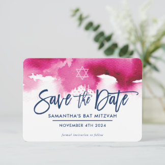SAVE THE DATE MITZVAH modern dark pink watercolor Dankeskarte