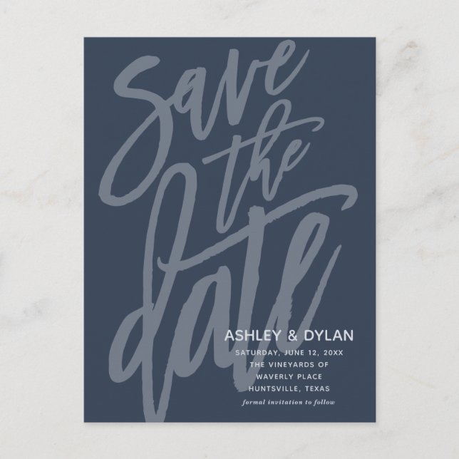 Save the Date Modern Brush Script Denim Blue Ankündigungspostkarte (Vorderseite)