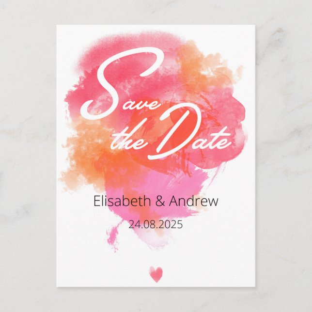 Save the date - modern, watercolor pink orange postkarte (Vorderseite)