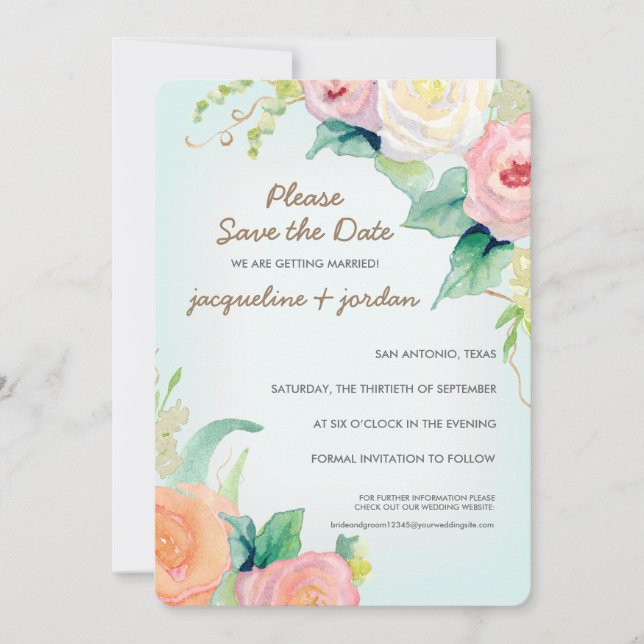 Save the Date Moderne Aquarellblumen-Rose Einladung (Vorderseite)