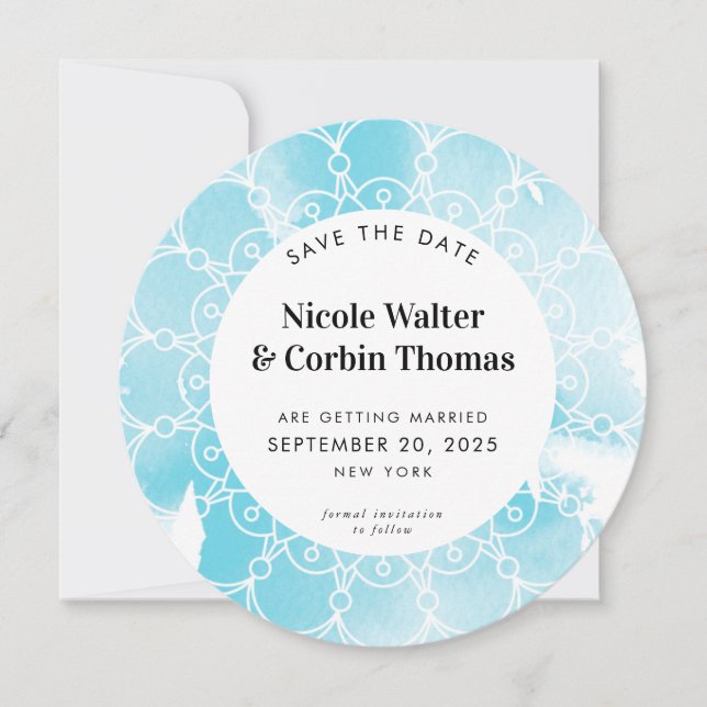 SAVE THE DATE moderne boho mandala Aqua Aqua Aquar Einladung (Vorderseite)