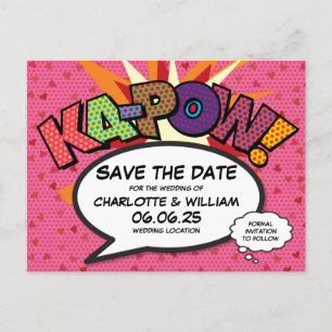 Save the Date Moderne Hearts Confetti Comic Weddin Ankündigungspostkarte
