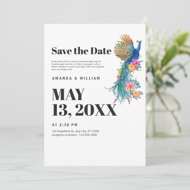 Save the Date Moderne Minimalistische Pfauenhochze (Stehend Vorderseite)