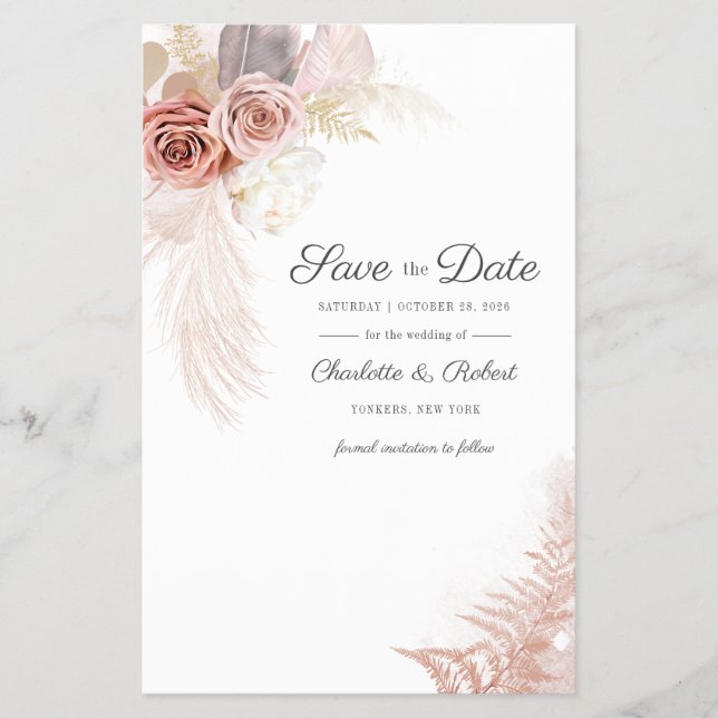 Save the Date Moderne Pampas Grass Floral Flyer (Vorne)