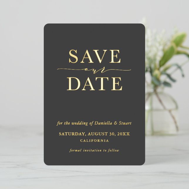 SAVE THE DATE modernes, elegantes minimales Holzgr Folieneinladung (Stehend vorne)