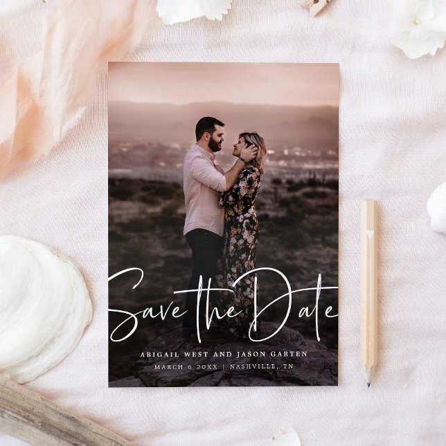 Save the Date Modernes Foto (modern script save the date photo card)