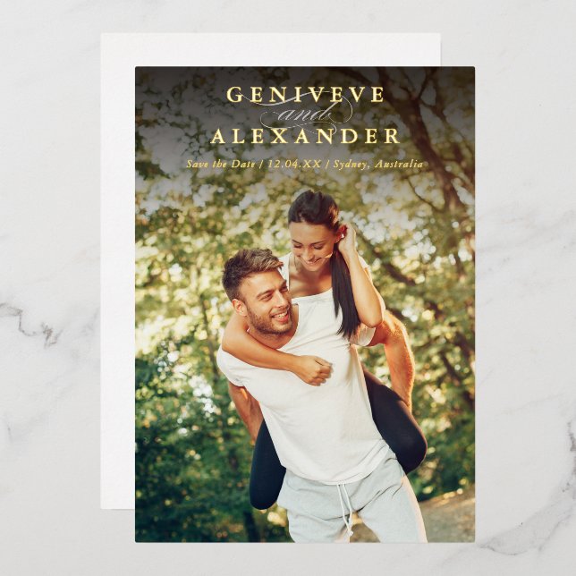 SAVE THE DATE modernes Foto minimalistischer Overl Folieneinladung (Vorderseite/Rückseite)