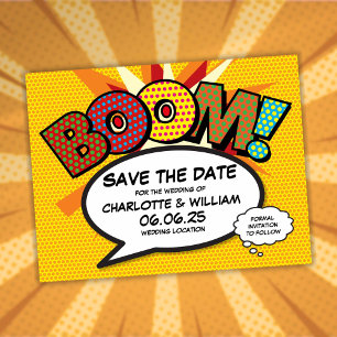 Save the Date Modernes Fun Comic Buch Boom Ankündigungspostkarte