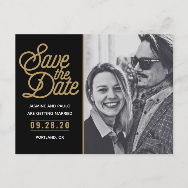 Save the Date Modernes Script-Hochzeitsszenario-Fo Postkarte (Vorderseite)