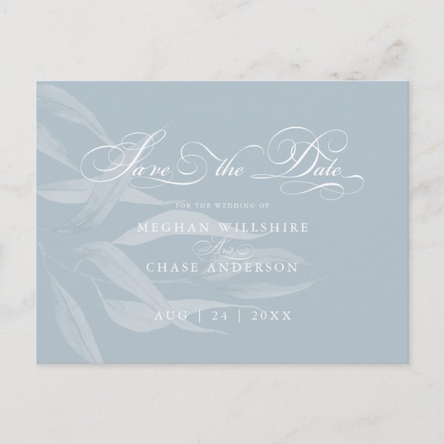 Save the Date Modernes White Foliage auf Dusty Blu Postkarte (Vorderseite)