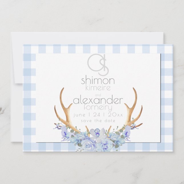 Save The Date | Monogram Blue Gingham Floral BOHO (Vorderseite)
