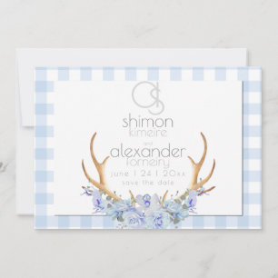 Save The Date Monogram Blue Gingham Floral BOHO