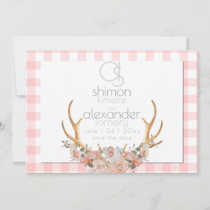 Save The Date   Monogram Coral Gingham Floral BOHO