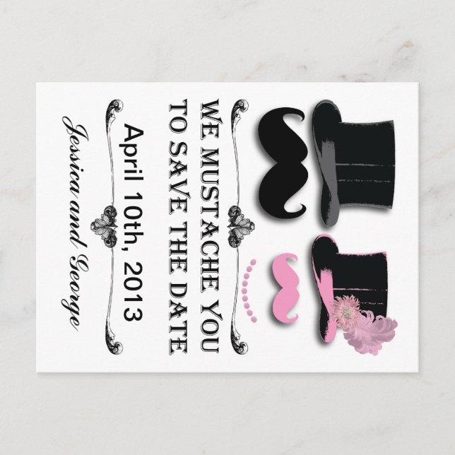 Save the Date Mustache und Top-Hat-Postkarte Ankündigungspostkarte (Vorderseite)