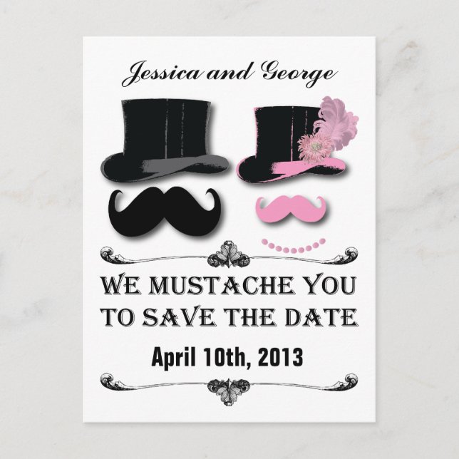 Save the Date Mustache und Top-Hat-Postkarte Ankündigungspostkarte (Vorderseite)