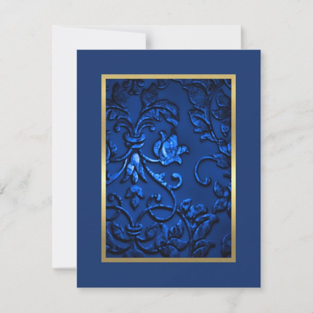 Save the Date Navy Blue Damask mit Farbe (Vorderseite)
