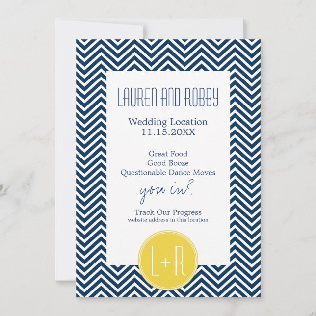 Save the Date Navy Blue und Yellow Chevrons (Vorderseite)