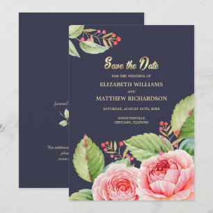 Save The Date. Navy Blue Watercolor Flora Einladung
