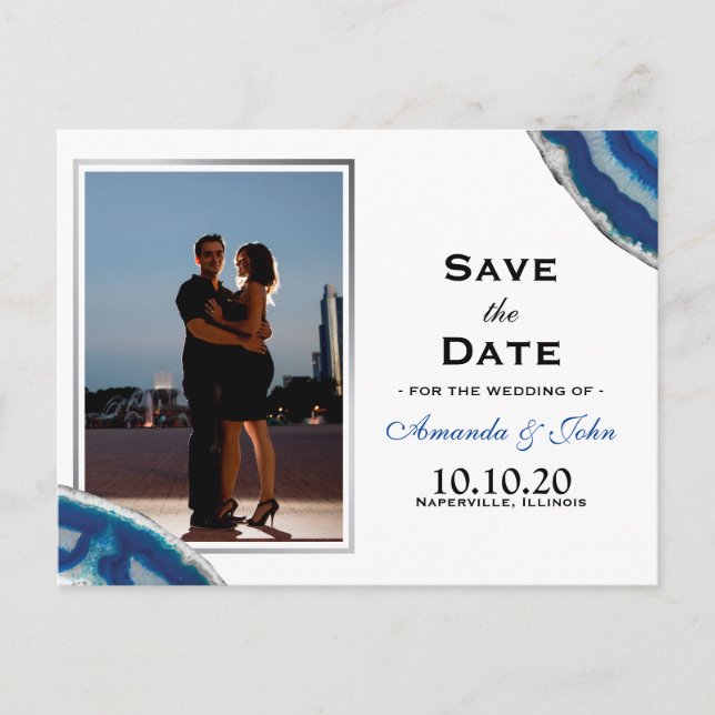 Save The Date | Navy Blue Wedding Silver Agate Ankündigungspostkarte (Vorderseite)