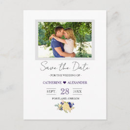 Save the Date - Navy Blue Yellow Floral Foto Postkarte