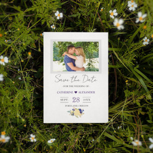 Save the Date - Navy Blue Yellow Floral Foto Postkarte