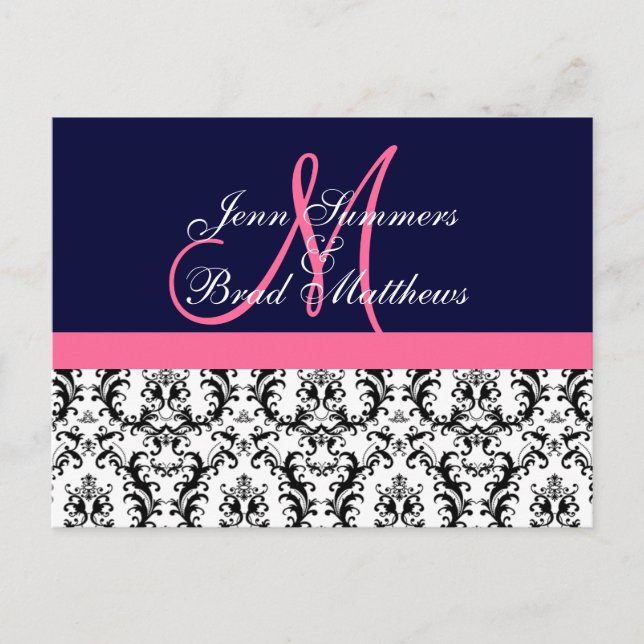 Save the Date Navy Pink Monogram Damaske Card Ankündigungspostkarte (Vorderseite)