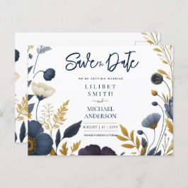 Save the Date Navy Yellow Gold Floral Elegant Postkarte