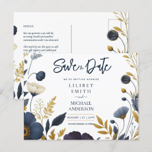 Save the Date Navy Yellow Gold Floral Elegant Postkarte