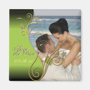 Save the Date nobles Grün u. Goldblumenmagnet Magnet