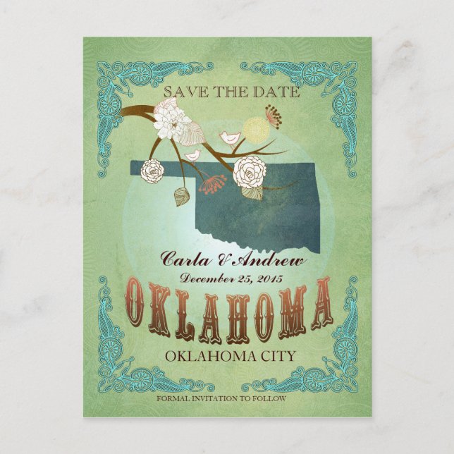Save the Date - Oklahoma Karte mit hübschen Vögeln (Vorderseite)