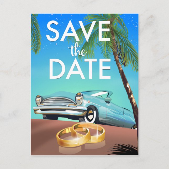 Save the Date Oldtimer und Eheringe. Postkarte (Vorderseite)