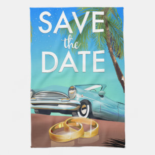 Save the Date Oldtimer und Hochzeitsringe. Geschirrtuch
