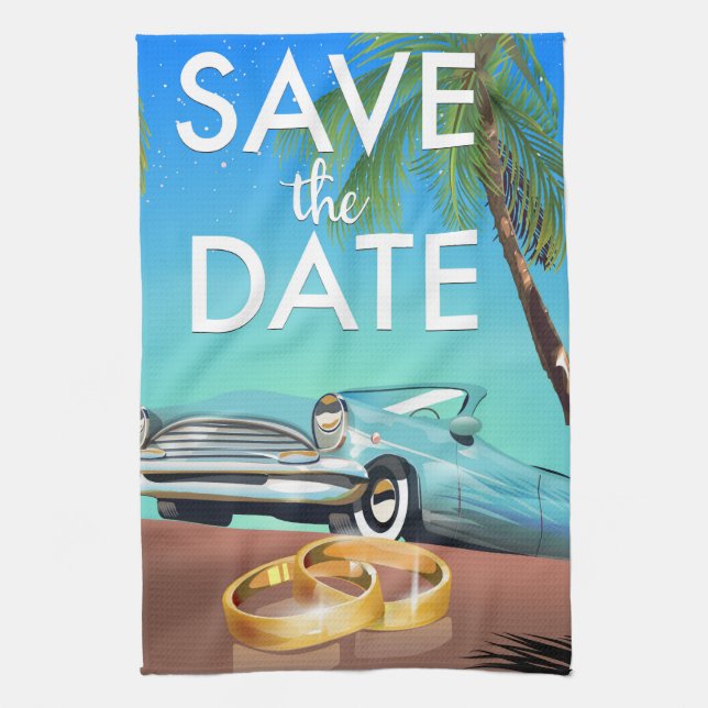 Save the Date Oldtimer und Hochzeitsringe. Geschirrtuch (Vertikal)