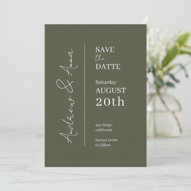 Save the Date Olive Green Card - Charme (Stehend Vorderseite)