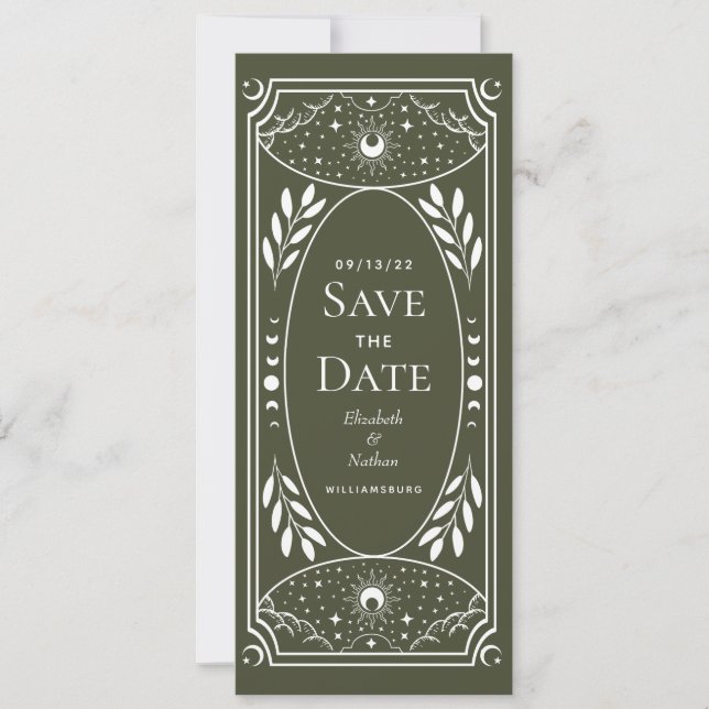 Save the Date Olive & White Myssis Tarot Card Einladung (Vorderseite)