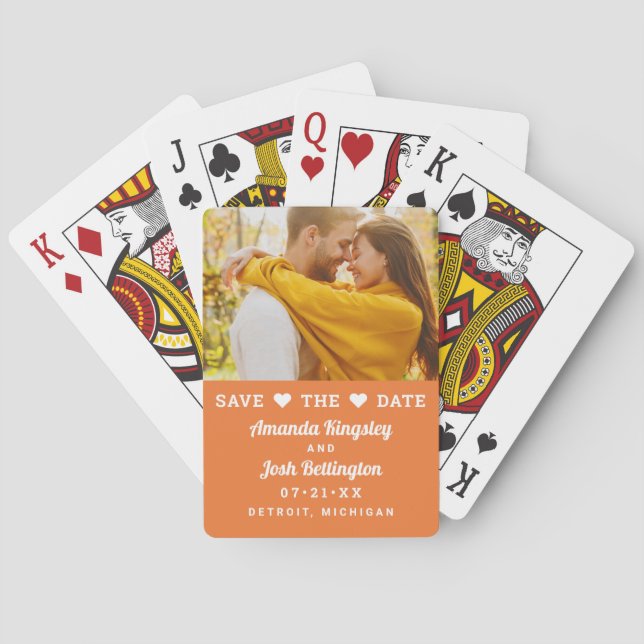 Save the Date Orange Custom Wedding Foto Spielkarten (Rückseite)