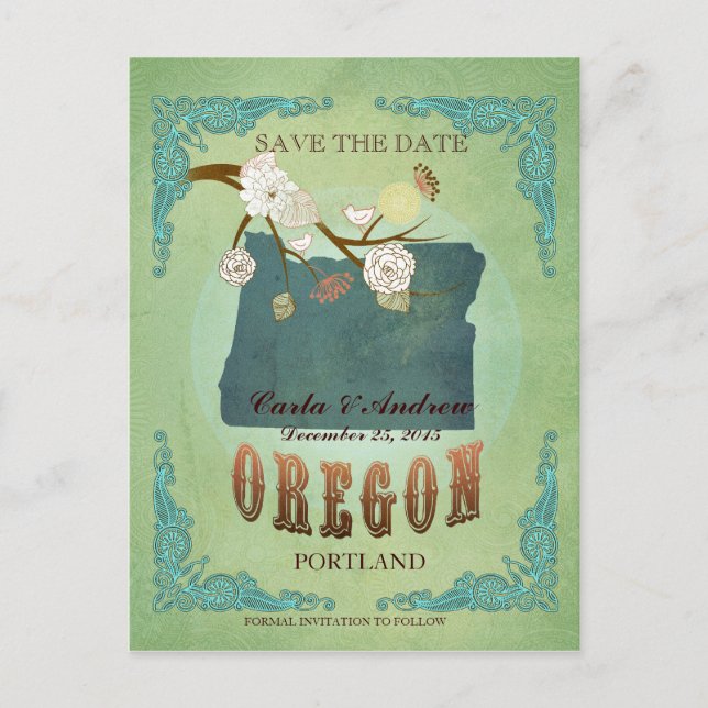 Save the Date - Oregon Karte mit hübschen Vögeln (Vorderseite)