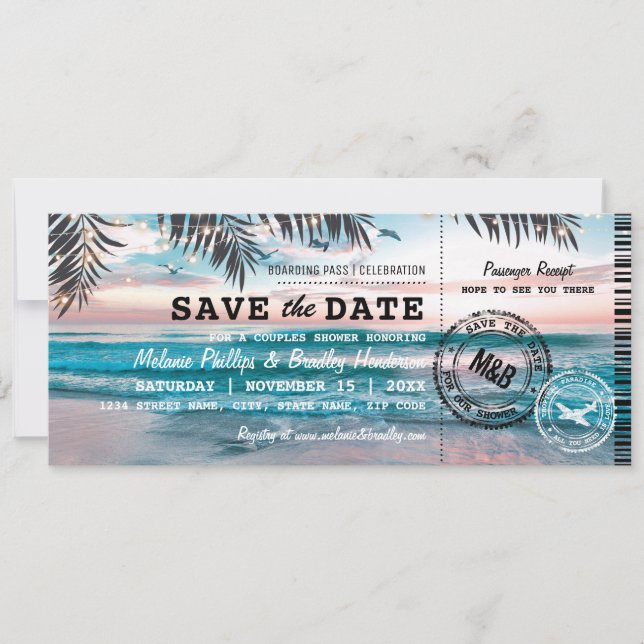 Save the Date Paare Dusche Tropical Beach (Vorderseite)