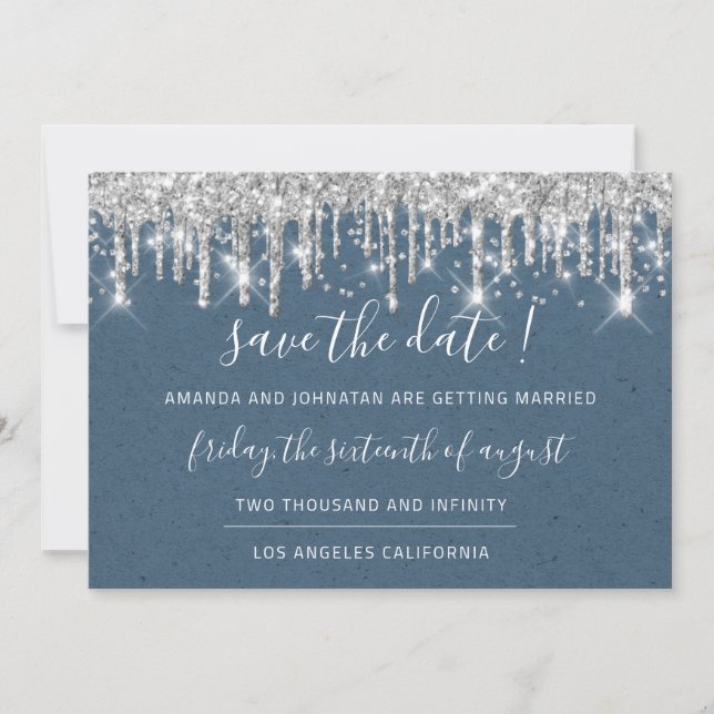 Save the Date Paper Kraft Silver Grau Tropfen Blau (Vorderseite)