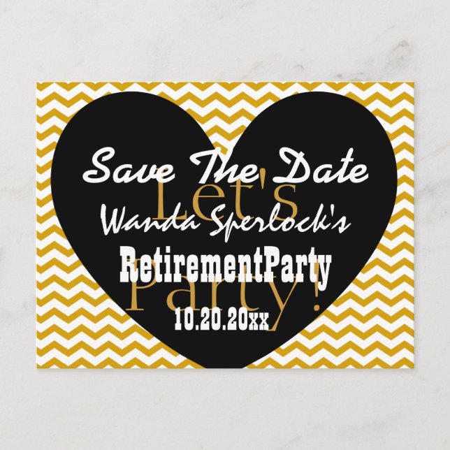 Save the Date PARTY RETIREMENT Gold Black Heart V3 Ankündigungspostkarte (Vorderseite)