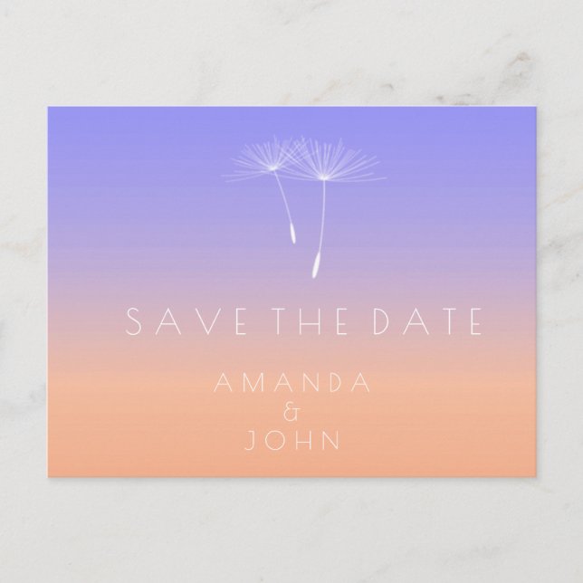 Save the Date Peach Lavender Blue Dandelion Ombre Ankündigungspostkarte (Vorderseite)
