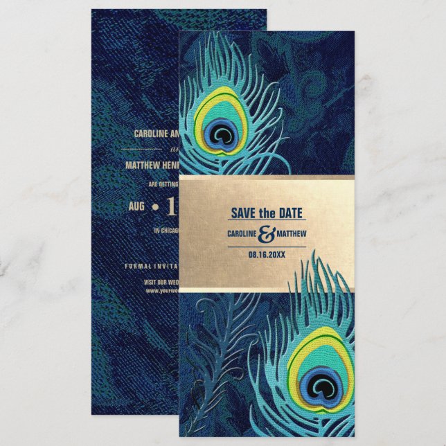 Save The Date. Peacock Feather Navy Blue Gold Einladung (Vorne/Hinten)