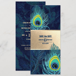 Save The Date. Peacock Feather Navy Blue Gold Einladung