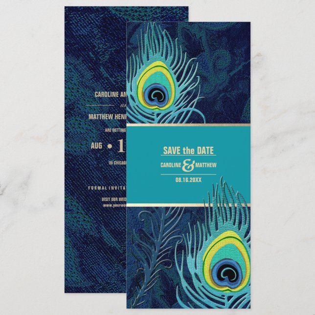 Save The Date. Peacock Navy Blue Gold Wedding Einladung (Vorne/Hinten)