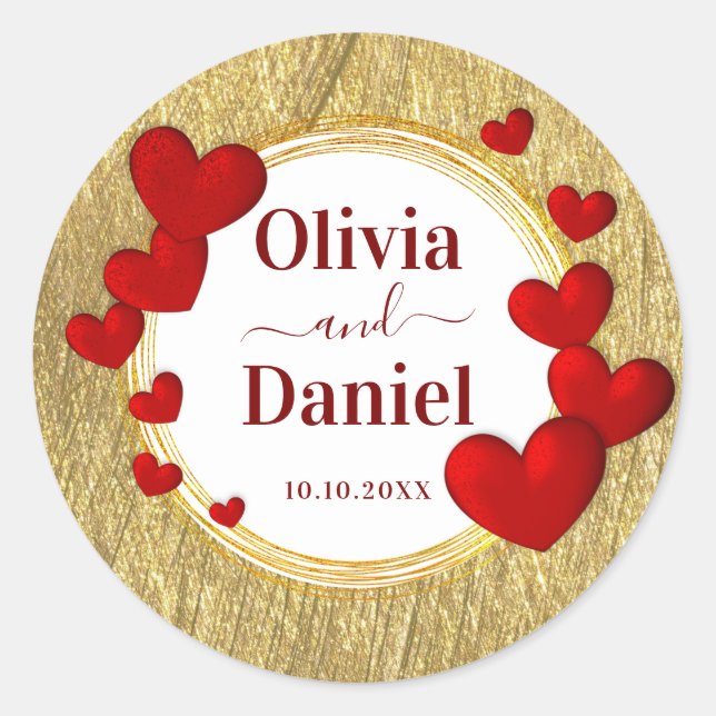Save the Date, Personalized Wedding Red Hearts  Runder Aufkleber (Vorderseite)