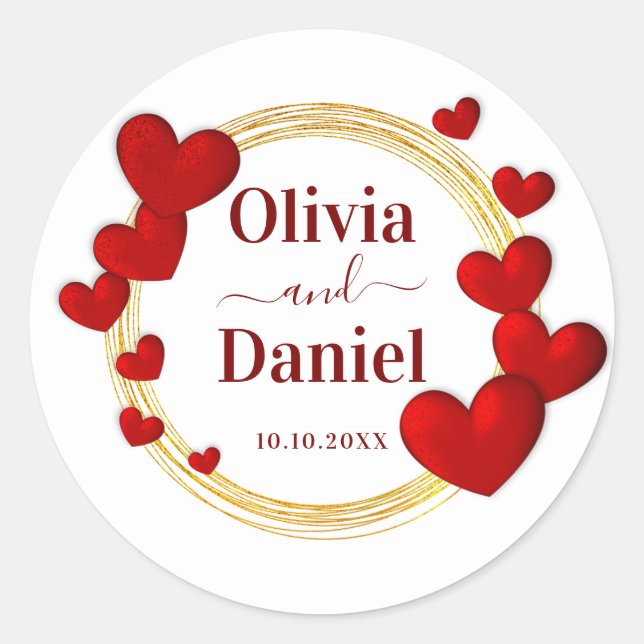 Save the Date, Personalized Wedding Red Hearts  Runder Aufkleber (Vorderseite)