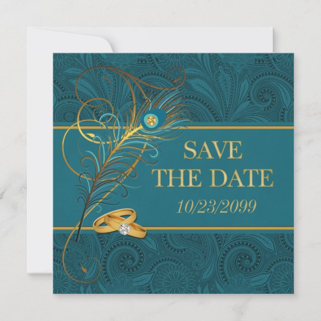 Save the Date Pfau-aquamarine Hochzeit mit Gold (Vorderseite)